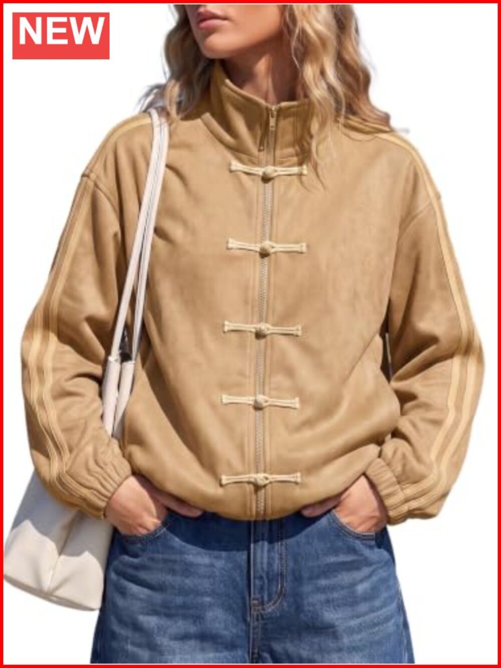 EXLURA Women Faux Suede Zip Up Jackets Chinese Frog Button Y2k Bomber Coat